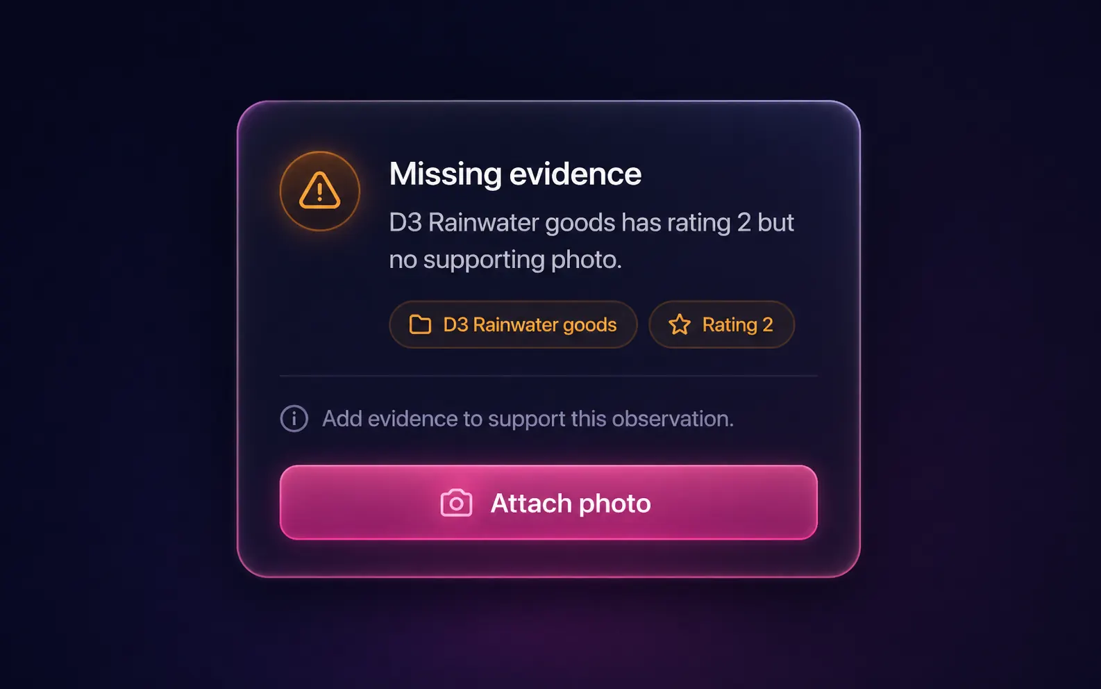 Missing evidence warning — D3 Rainwater goods has rating 2 but no supporting photo, with an Attach photo call-to-action